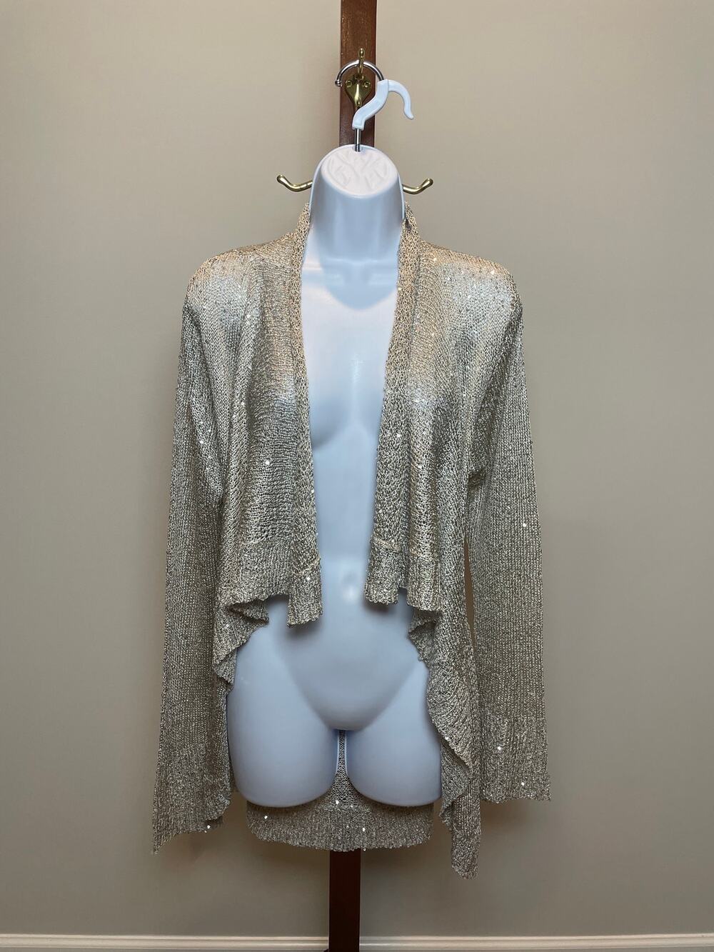 Boston Proper Open‑Knit Sequin Wrap Size M Beige Champagne Lightweight Layer